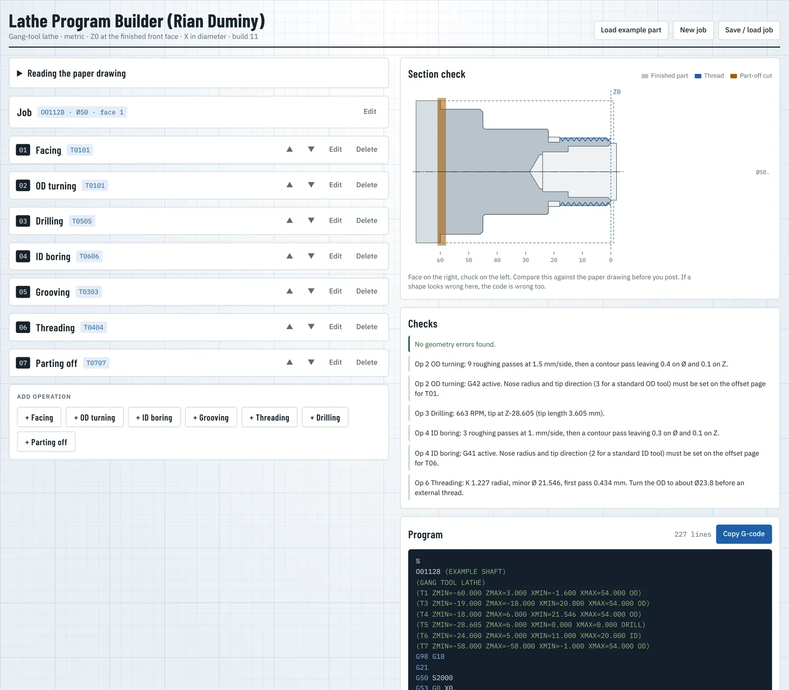 Lathe Program Builder with seven operations for an example shaft, its section view and the generated G-code program