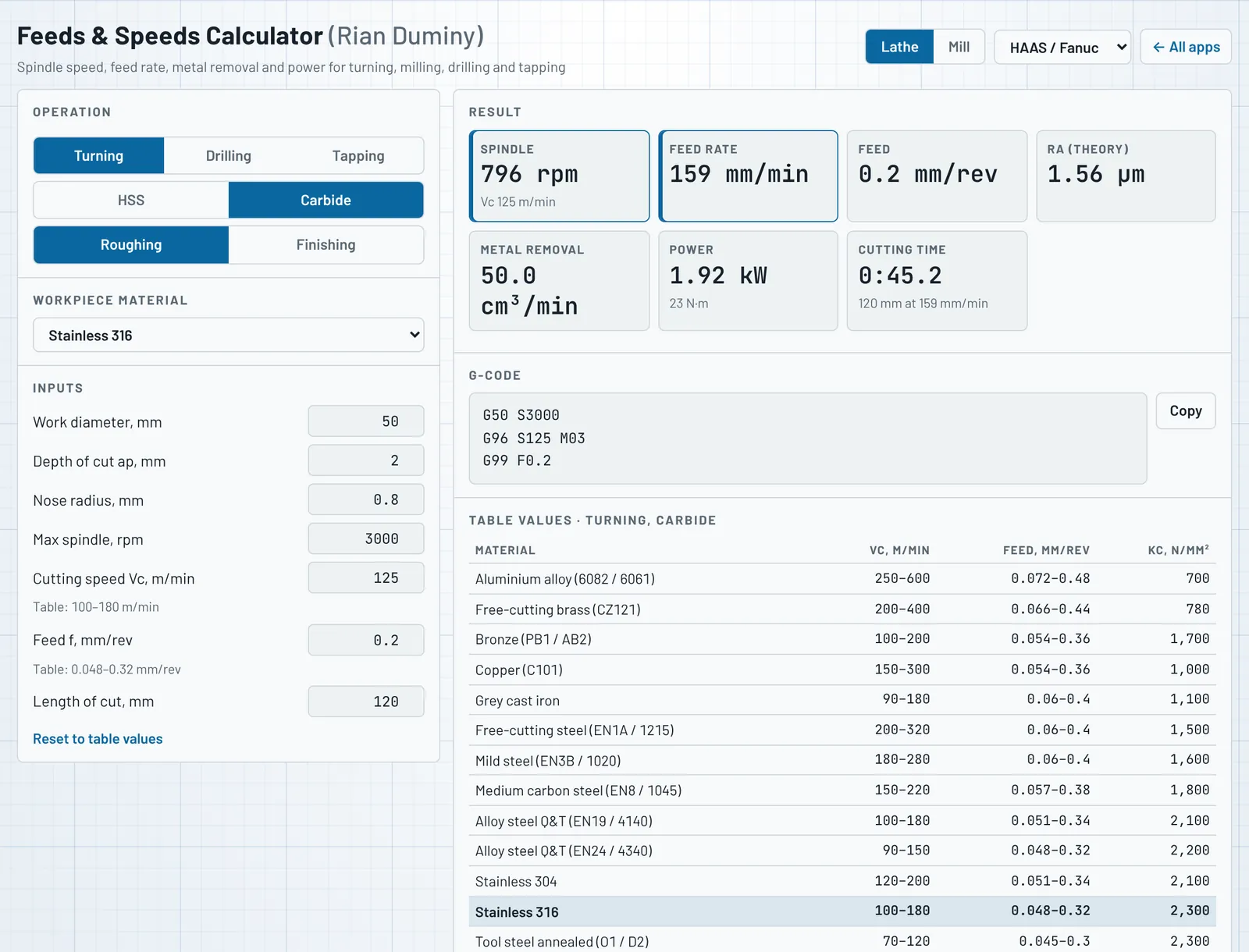 Feeds and Speeds Calculator showing spindle speed, feed rate, power and G-code for roughing stainless 316